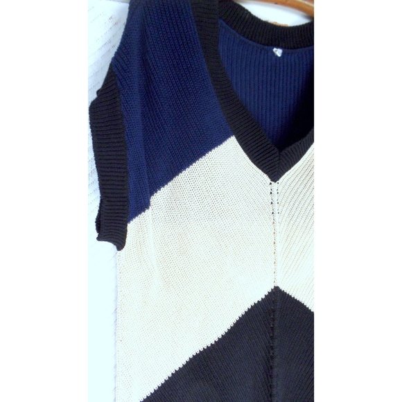 Vintage 90s blue tan black slouchy knit pullover sweater - Picture 5 of 8